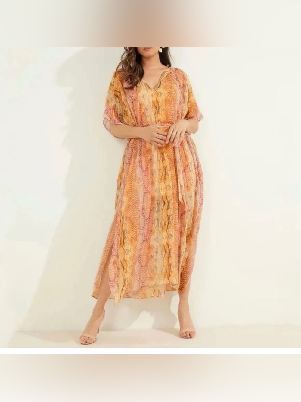 MARCIANO BY GUESS Snake Skin Print Sonora Kaftan Boho V-Neck Maxi Dress Size M/L